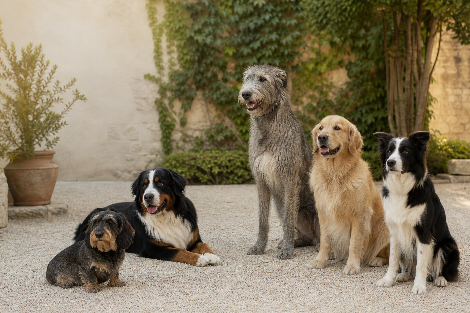 Groupe de chiens de tailles et morphologies différentes dans une cour lumineuse